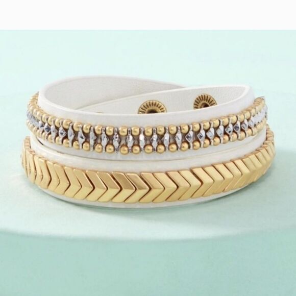 Stella & Dot Gilded Path Double Wrap White Leather & Gold Arrow Bracelet - Picture 1 of 8